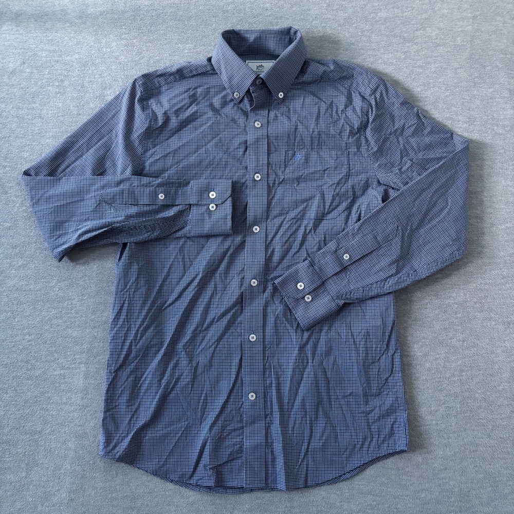 Southern Tide Intercoastal Blue Micro Check Stretch Performance Shirt Mens Small